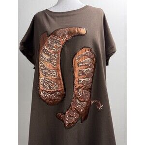 Fantastic Fawn Oversized Sequin Western Tee Women Large Brown Cowboy Graphic Top